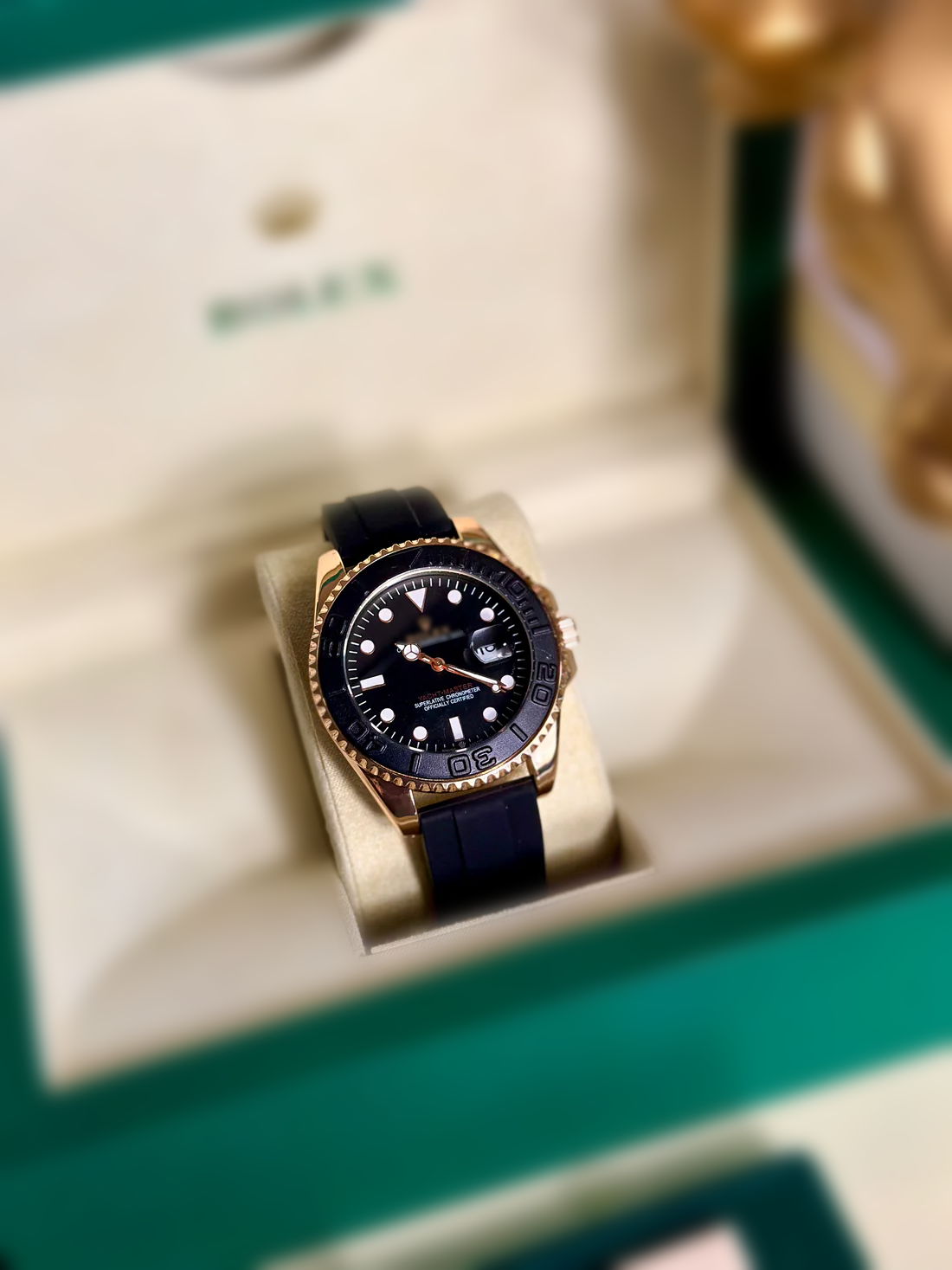 Premium Yacht-Master | Rose Gold with Black Dial and Rubber Strap